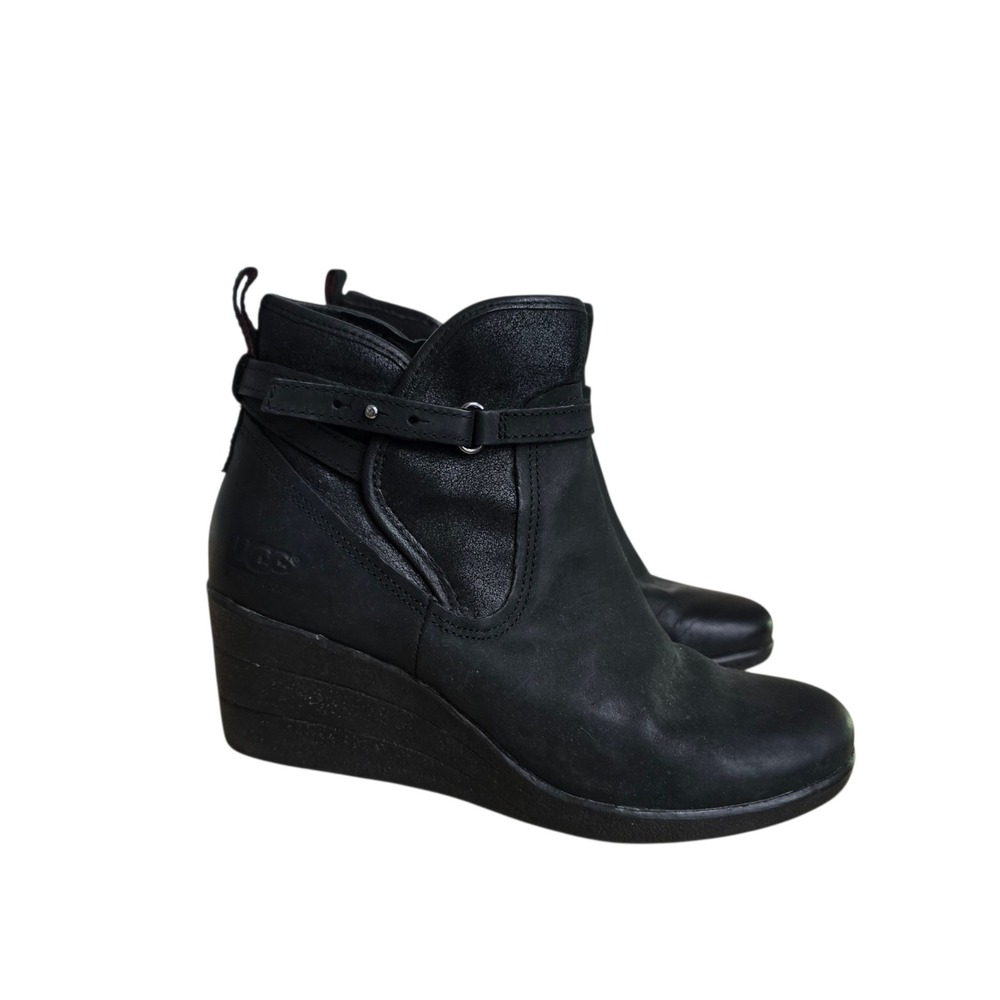 UGG Black Leather Waterproof Wedge Ankle Boots Side Zip Buckle Womens 7